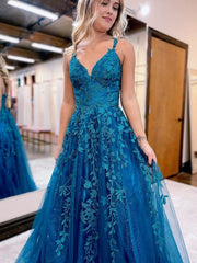 A Line Ink Blue Glitter Tulle Lace Prom Dress