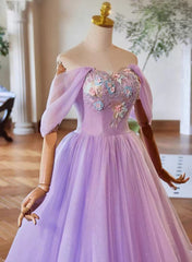 A-Line Light Purple Sweethart Lace Applique Party Dresses, Purple Long Prom Dresses