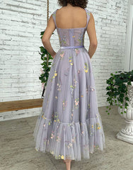 A-line Lilac Tea Length Tulle Prom Dress with Embroidery