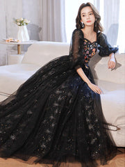 A-Line long sleeves Tulle Lace Black Long Prom Dresses, Black Lace Long Formal Dresses