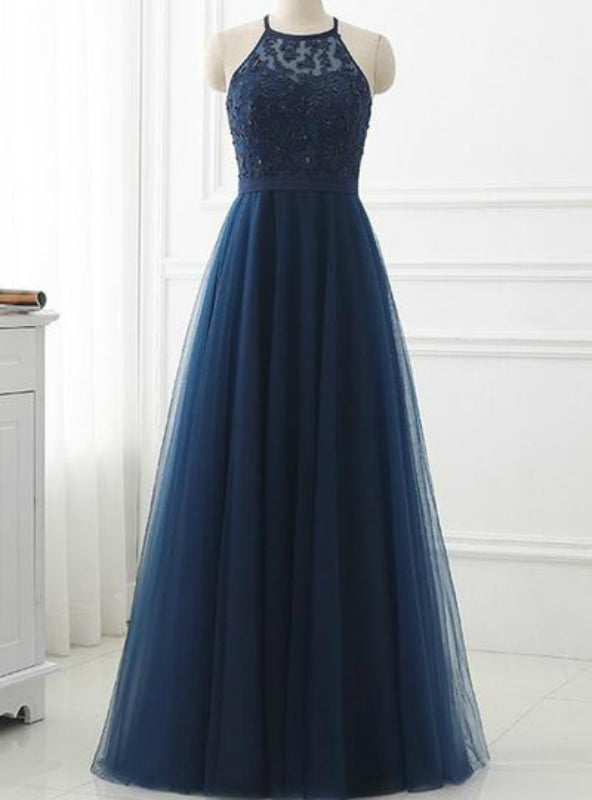 A-line Navy Blue Tulle Halter Crossed Back Long Prom Dress