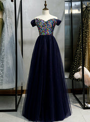 A-Line Navy Blue Tulle Sequins Off the Shoulder Prom Dresses