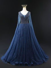 A-line Navy Blue V-neck Beading Prom Dresses