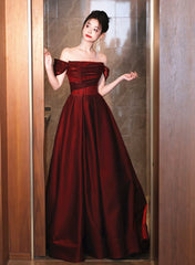 A-line Off Shoulder Beaded Wine Red Satin Prom Dress, Wine Red Party Dress