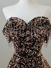 A-Line Off Shoulder Coffee Gold Sequin Long Prom Dresses, Coffee Gold Formal Dresses