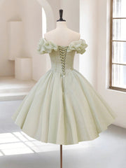 A-Line Off Shoulder Organza Green Short Prom Dresses,Cute Homecoming Dresses with Beads