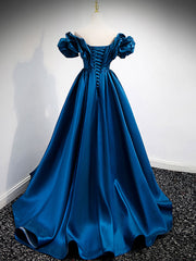 A-Line Off Shoulder Satin Blue Long Prom Dress, Blue Evening Dresses