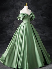 A-Line Off Shoulder Satin Green Long Prom Dresses, Green Long Formal Dresses