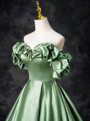 A-Line Off Shoulder Satin Green Long Prom Dresses, Green Long Formal Dresses