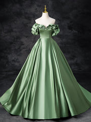 A-Line Off Shoulder Satin Green Long Prom Dresses, Green Long Formal Dresses