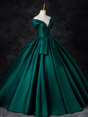 A-Line Off Shoulder Satin Green Long Prom Dresses, Green Long Formal Dresses