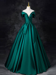 A-Line Off Shoulder Satin Green Long Prom Dresses, Green Long Formal Dresses