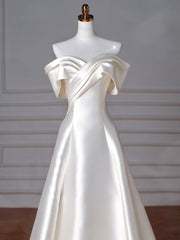 A-Line Off Shoulder Satin ivory Long Prom Dresses, Satin Long Formal Dresses