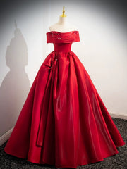 A-Line Off Shoulder Satin Red Long Prom Dresses, Red Long Evening Dresses