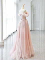 A-Line Off Shoulder Tulle Beads Pink Long Prom Dresses, Pink Tulle Long Formal Dresses