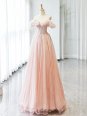 A-Line Off Shoulder Tulle Beads Pink Long Prom Dresses, Pink Tulle Long Formal Dresses