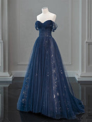 A-Line Off Shoulder Tulle Lace Dark Blue Long Prom Dresses