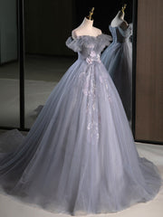 A-Line Off Shoulder Tulle Lace Gray Blue Long Prom Dresses, Gray Blue Long Formal Dresses