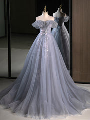 A-Line Off Shoulder Tulle Lace Gray Blue Long Prom Dresses, Gray Blue Long Formal Dresses