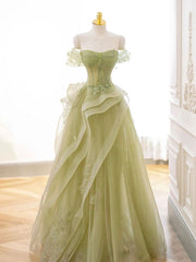 A-Line Off Shoulder Tulle Lace Green Long Prom Dresses, Green Long Graduation Dresses