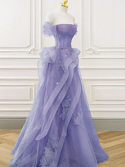 A-Line Off Shoulder Tulle Lace Purple Long Prom Dresses, Purple Lace Long Formal Dresses