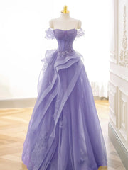 A-Line Off Shoulder Tulle Lace Purple Long Prom Dresses, Purple Lace Long Formal Dresses