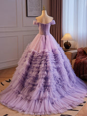 A-Line Off Shoulder Tulle Purple Long Prom Dresses, Purple Long Evening Dresses