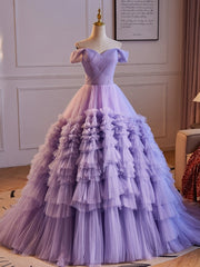 A-Line Off Shoulder Tulle Purple Long Prom Dresses, Purple Long Evening Dresses