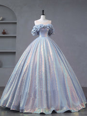 A-Line Off Shoulder Tulle Sequin Blue Purple Long Prom Dress, Sequin Formal Dress