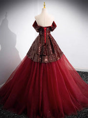 A-Line Off Shoulder Tulle Sequin Burgundy Long Prom Dresses, Burgundy Evening Dresses