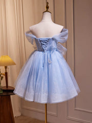 A-Line Off Shoulder Tulle Short Blue Prom Dresses, Cute Blue Homecoming Dresses