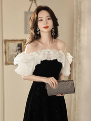 A-Line Off Shoulder Velvet Black Long Prom Dresses, Black Long Evening Dresses