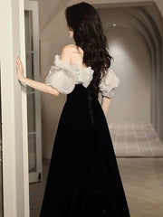 A-Line Off Shoulder Velvet Black Long Prom Dresses, Black Long Evening Dresses