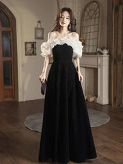 A-Line Off Shoulder Velvet Black Long Prom Dresses, Black Long Evening Dresses