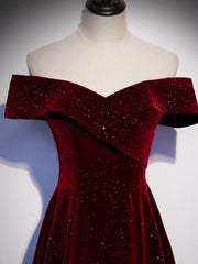 A-Line Off Shoulder Velvet Burgundy Long Prom Dresses, Burgundy Long Formal Dresses