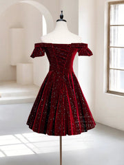 A-Line Off Shoulder Velvet Burgundy Short Prom Dresses, Burgundy Homecoming Dresses