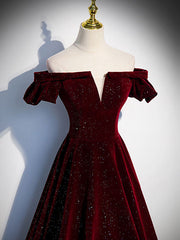 A-Line Off Shoulder Velvet Burgundy Short Prom Dresses, Burgundy Homecoming Dresses