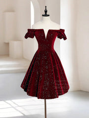 A-Line Off Shoulder Velvet Burgundy Short Prom Dresses, Burgundy Homecoming Dresses