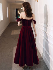 A-Line off Shoulder Velvet Tea Length Burgundy Prom Dresses, Burgundy Evening Dresses