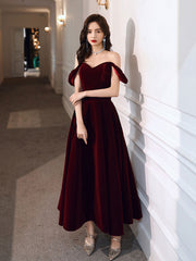 A-Line off Shoulder Velvet Tea Length Burgundy Prom Dresses, Burgundy Evening Dresses