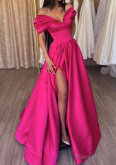 A-line Off-the-Shoulder Short Sleeve Satin Long/Floor-Length Prom Dresses With Ruffles Split