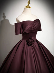 A-Line Off the Shoulders Satin Maroon Long Prom Dresses, Maroon Long Formal Dresses