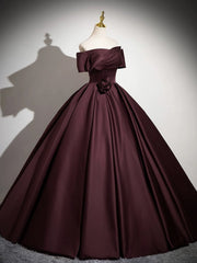 A-Line Off the Shoulders Satin Maroon Long Prom Dresses, Maroon Long Formal Dresses