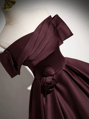 A-Line Off the Shoulders Satin Maroon Long Prom Dresses, Maroon Long Formal Dresses