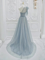 A-Line One Shoulder Tulle Sequin Gray Blue Long Prom Dresses, Sequin Long Formal Dresses