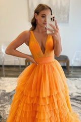 A-line Orange V-Neck Tulle Long Prom Dress