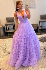 A-line Orange V-Neck Tulle Long Prom Dress