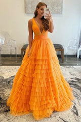 A-line Orange V-Neck Tulle Long Prom Dress