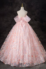 A-Line Pink Flowers Tulle Long Princess Dresses, Off the Shoulder Formal Evening Dresses