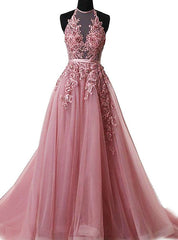 A-Line Pink Halter Sleeveless Applique Tulle Prom Dresses